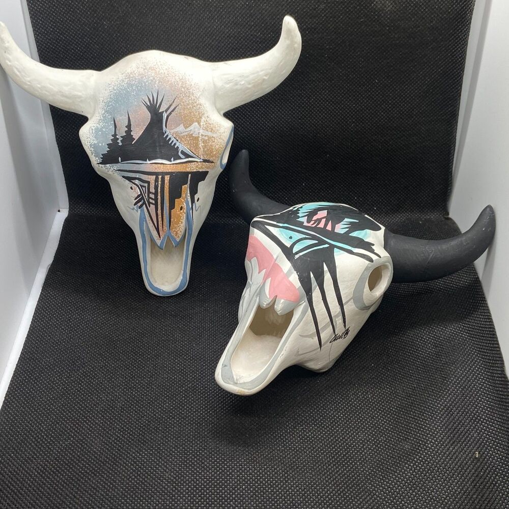 Hand Painted Southwestern Bull Skull Wall Art – Native Style – Set of 2